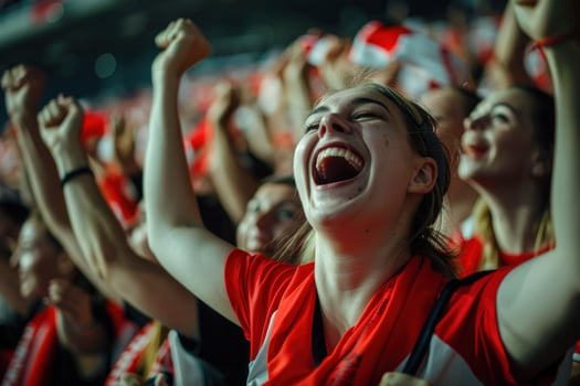 Young woman cheering with arms raised at stadium photo