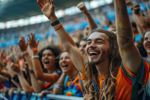 Young football fan cheering with arms raised at stadium during match photo