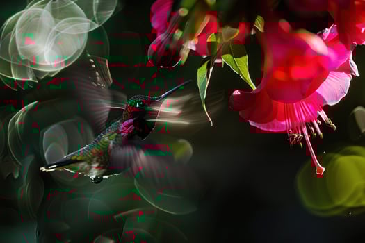 Hummingbird flying towards a pink flower taking nectar photo