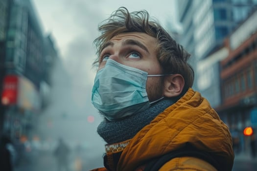 Young man wearing a surgical mask standing on a misty urban street, looking up with hope during challenging times, representing the new normal in public spaces photo