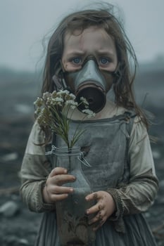 Evocative photo of a young child clutching a flower in a grim, polluted, post-apocalyptic setting