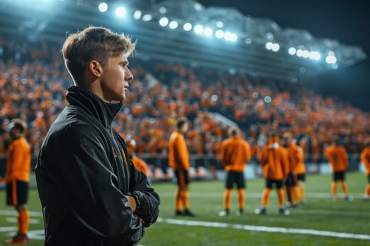 Soccer coach providing tactical guidance to his team under the evening stadium lights, with an engaged crowd in the background photo