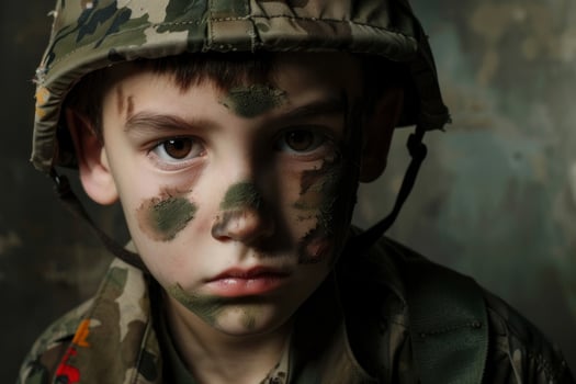 Young boy wearing military fatigues and helmet with camouflage face paint posing for a portrait photo