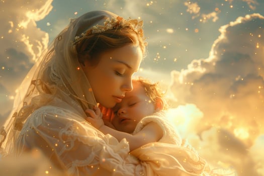 Serene portrait of a mother cradling her sleeping child in a dreamlike golden light, conveying peace, love, and the angelic bond between mother and infant photo