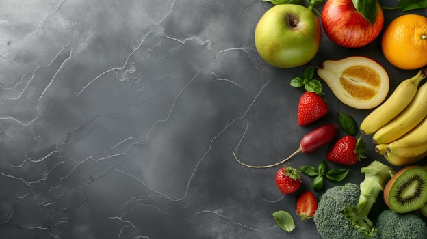 Healthy food eating selection on grey background, fruit, vegetable, seeds, superfood photo