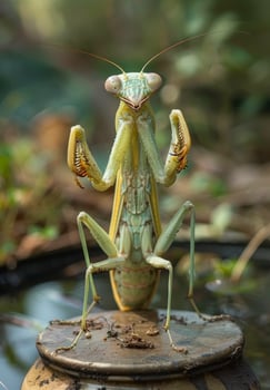 A green praying mantis is standing on a small metal object photo
