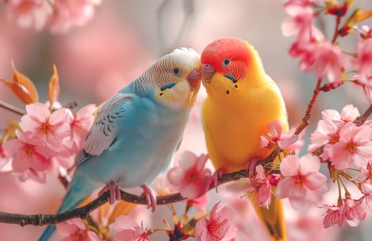 Two birds are perched on a branch of a cherry tree photo