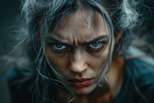 A mature woman with gray hair is angry. Generated by artificial intelligence photo