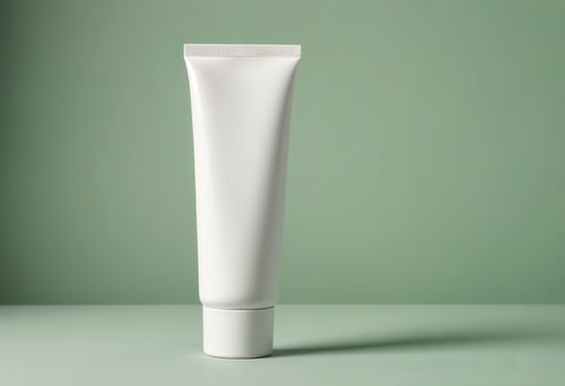 Blank white cosmetic tube on pastel green background, suitable for skincare or beauty product promotions. photo