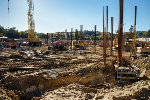 A construction site with a crane and workers in orange vests photo