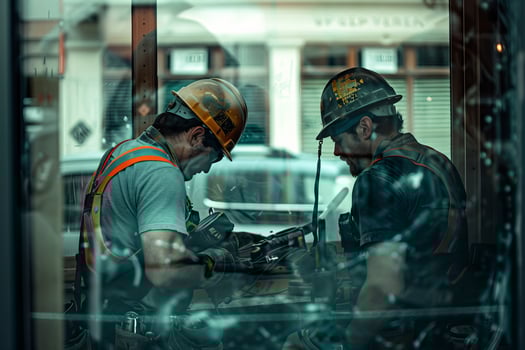 A man in a hard hat is painting a window photo