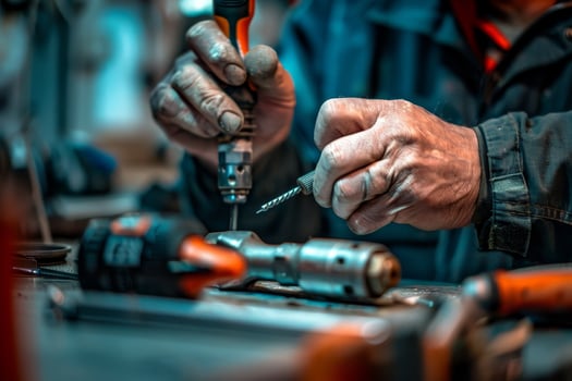 A man is working on a car engine, using a tool to tighten a bolt photo