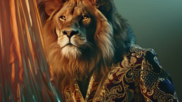 Lion.Portrait of a luxurious magnificent predator in an expensive brocade suit Against a background of a monochrome wall and a shiny curtain Free space to advertise your business AI-Generated photo