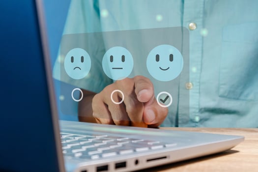 Man gives rating to service experience on virtual screen. Customer review satisfaction feedback concept. photo