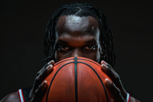 Intense portrait of a basketball player holding a ball against a dark background, showcasing focus and determination in sports. photo