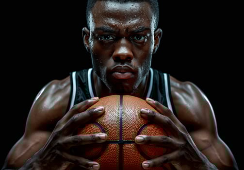 Focused basketball player holding a basketball against a dark background, showing determination and strength. photo