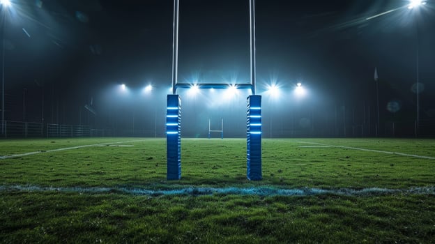 Nighttime rugby field with illuminated goal posts under a foggy sky, creating a dramatic and atmospheric sports scene. photo