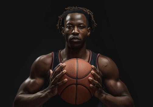 Athletic man holding basketball in dark studio, showcasing strength and focus, ready for game. Intense and dramatic lighting. photo