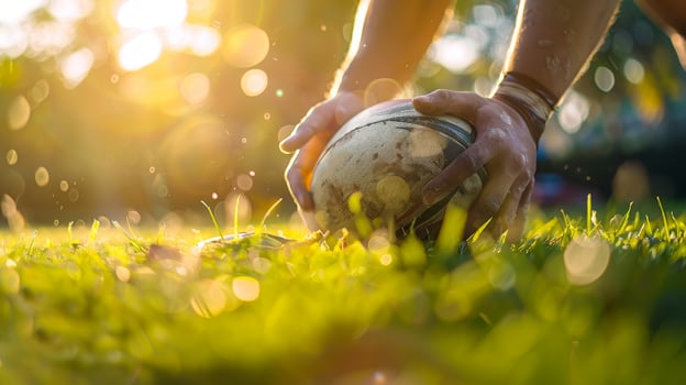 Close-up of hands gripping a rugby ball on grass with sunlight shining through, ready for a game. photo
