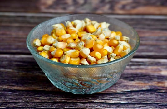 Dry yellow corns in glass bowl food ingredients photography isolated on horizontal ratio wooden table surface background. photo