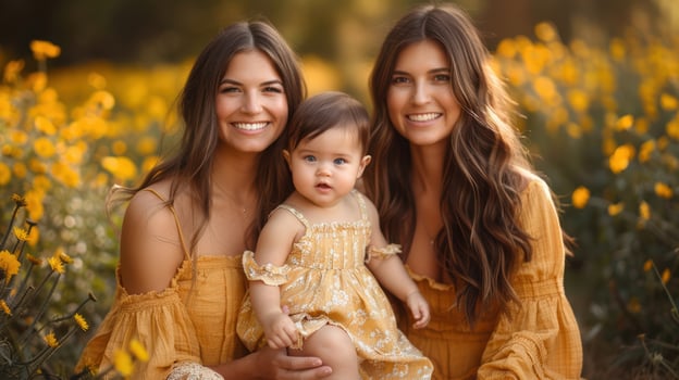 Lesbian couple kissing daughter photo