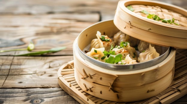 A traditional bamboo steamer filled with a variety of dumplings promoting the use of ecofriendly cooking ods photo