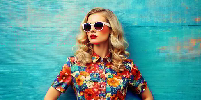 Vibrant Summer Portrait. Woman in Floral Shirt Against Blue Background photo