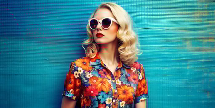 Summer Radiance. Woman in Red Hawaiian Shirt with Vintage Sunglasses photo