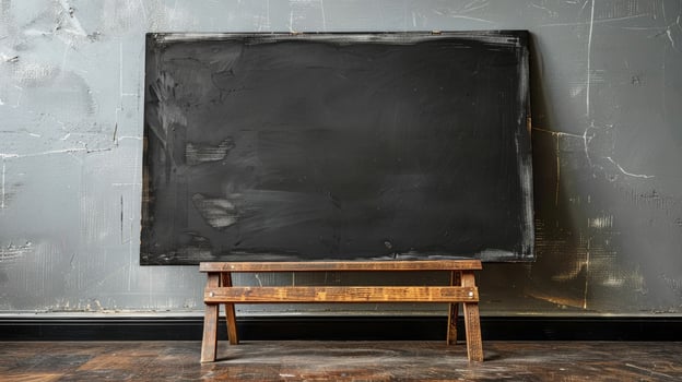 Black chalkboard on wooden easel stands by grey wall photo