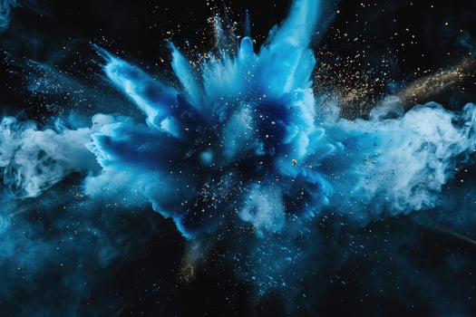 Blue paint explosion splash abstract background. Colorful cloud, dust explode on black photo