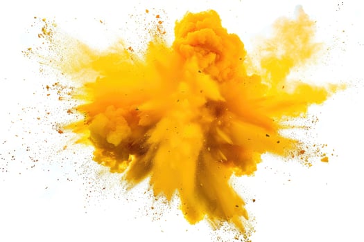 Yellow paint explosion splash abstract background. Dust explode on white photo