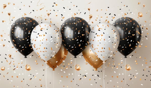 Black, White, and Gold Balloons With Confetti on White Background photo