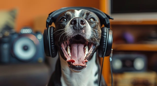 Brown Dog Wearing Headphones Yawning While Sitting On A Couch photo