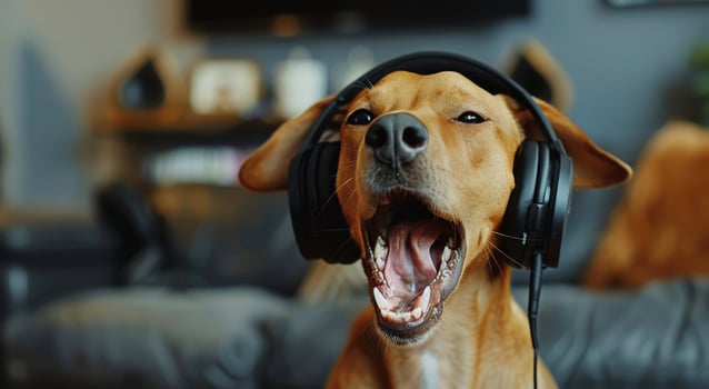 Brown Dog Wearing Headphones Yawning While Sitting On A Couch photo