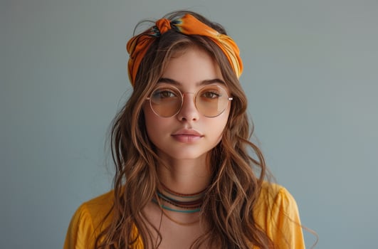 Young Woman Wearing Orange Sunglasses and Headband Leaning Against a Wall photo
