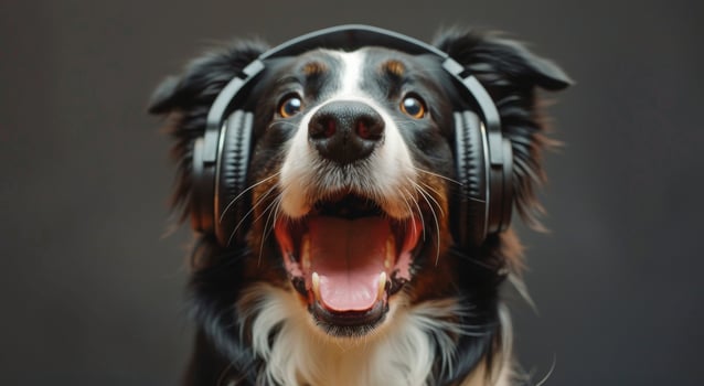Golden Retriever Dog Wearing Headphones and Smiling photo