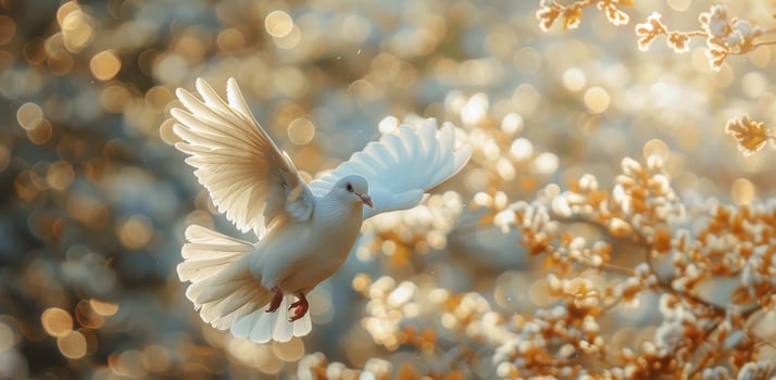 White Dove Flying Through Bokeh Light In The Afternoon photo