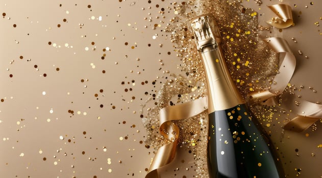 Champagne Bottle With Gold Confetti and Ribbon photo