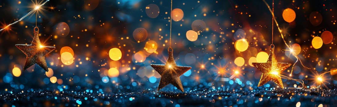 Golden Star Ornaments Hanging Against a Blurred Background of Lights photo