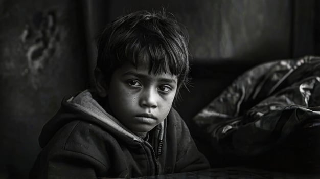 a black and white photo of a poverty child