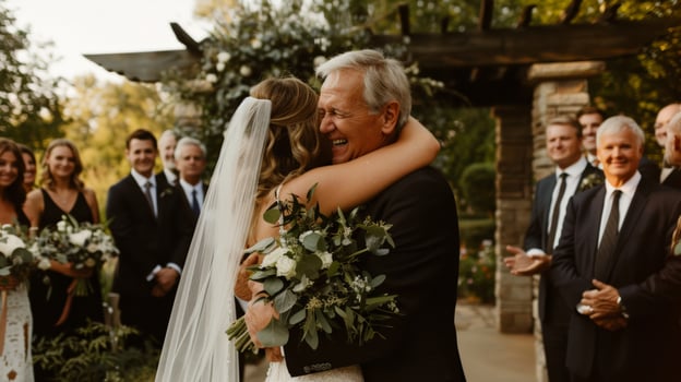 Bride hugging her father during a wedding ceremony, surrounded by happy guests, outdoor celebration photo