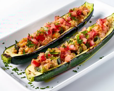 two stuffed zucchini boats with tomato and herbs photo
