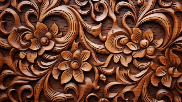 Intricate wooden floral carving with ornate details. photo