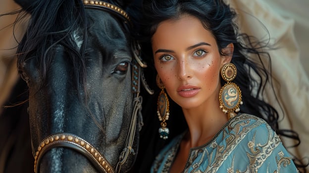 Portrait of an elegant woman in traditional Arabic dress, posing outdoors with a horse. Capturing the beauty and cultural essence of an oriental setting. photo