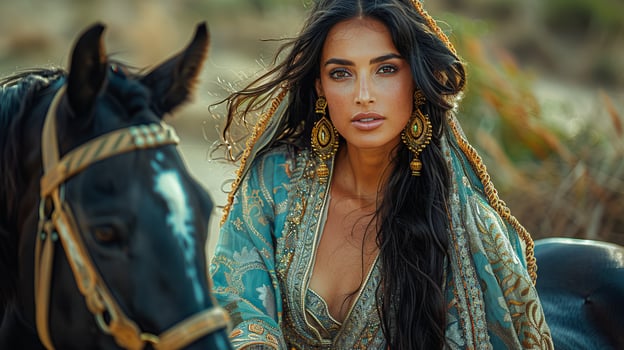 Portrait of an elegant woman in traditional Arabic dress, posing outdoors with a horse. Capturing the beauty and cultural essence of an oriental setting. photo