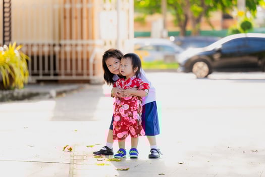 Asian older sister tenderly embraces her beloved younger brother, children take an evening walk in the park on a sunny day, summer or spring, a loving family in harmony, a girl wears a school uniform. photo