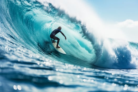 Surfer catches a high wave under the bright August sun photo