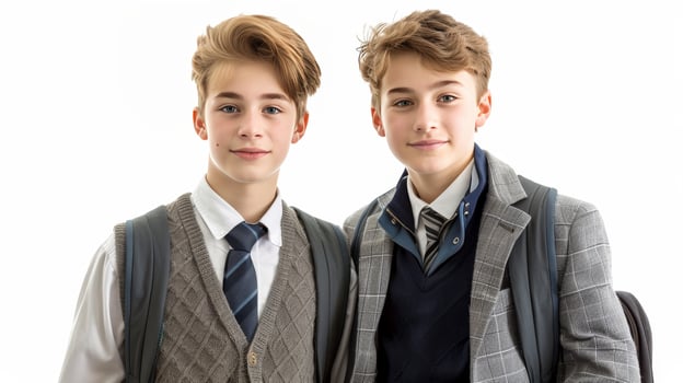 Two young boys wearing school uniforms and ties are posing for a picture photo