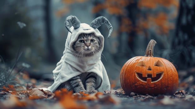 A cat is wearing a costume and sitting next to a pumpkin photo
