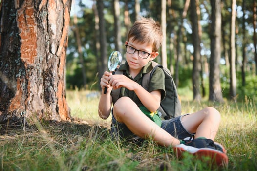 schoolboy is exploring nature with magnifying glass. Summer vacation for inquisitive kids in forest. Hiking. Boy-scout. photo